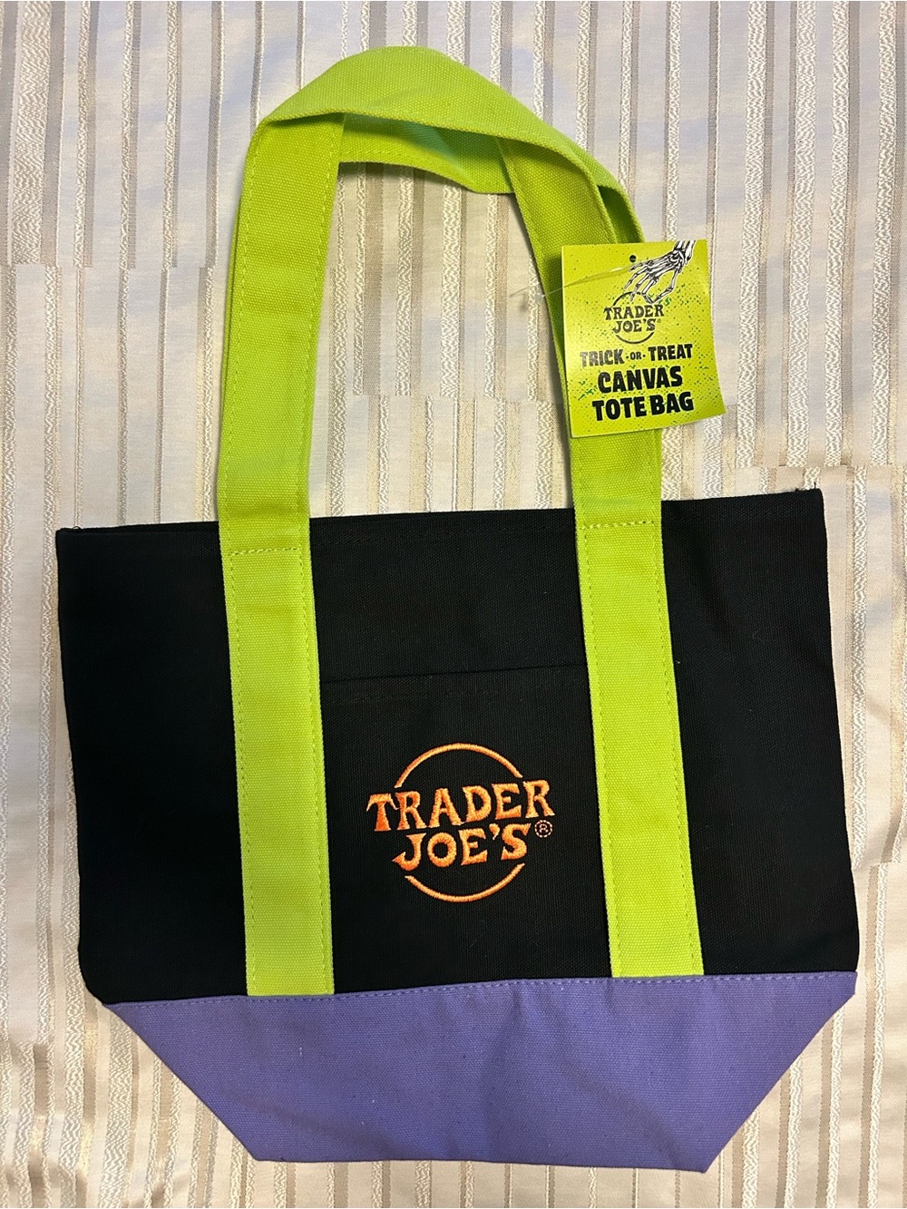 Trader Joe’s Black Canvas Tote Bag with Lime Handles and Purple Base